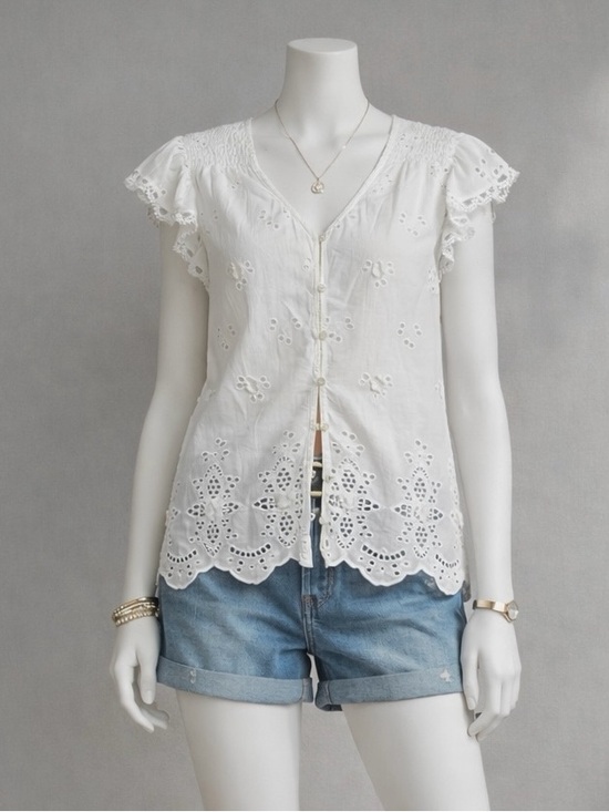 Love The Label Tops - Love The Label White Eyelet Cotton Blouse Sheer Lace Flutter Sleeve Boho Top L